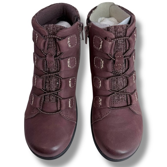 New Clarks Carleigh Jade Burgundy Nubuck Leather Knit Hiking Ankle Boots US 6M - Picture 11 of 16